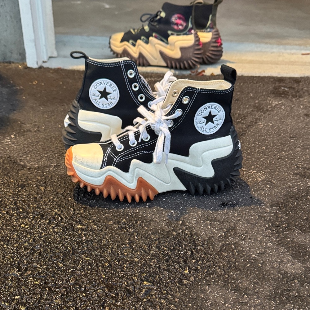 Converse Kids Black and White High-Top Sneakers with Orange Sole
